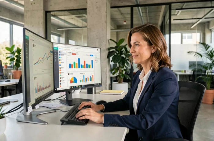 Professionnelle analysant des tableaux de bord numériques sur deux écrans dans un bureau moderne pour améliorer la visibilité en ligne de son entreprise