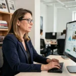 Professionnelle utilisant une plateforme de diffusion de publications en ligne sur son ordinateur dans un bureau moderne