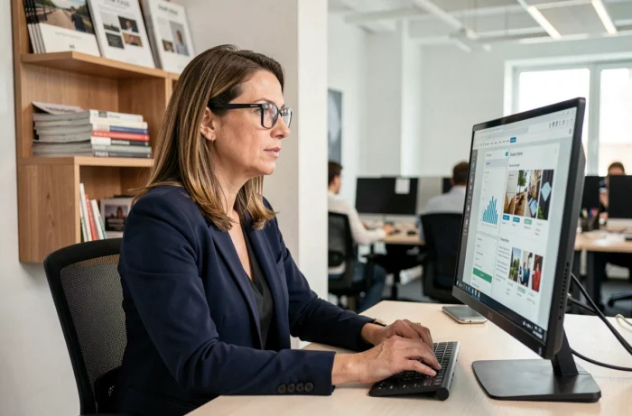 Professionnelle utilisant une plateforme de diffusion de publications en ligne sur son ordinateur dans un bureau moderne