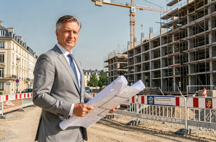 Directeur de projet d'une SEM inspectant un chantier de construction urbaine partenariat public-privé