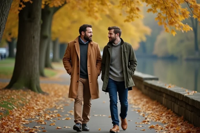 Deux hommes en promenade automnale au bord de la rivière, évoquant la complicité et la vie intime d'un couple