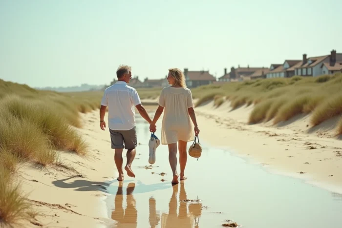 Couple se promenant pieds nus sur une plage atlantique de la côte basque française avec dunes et maisons en arrière-plan