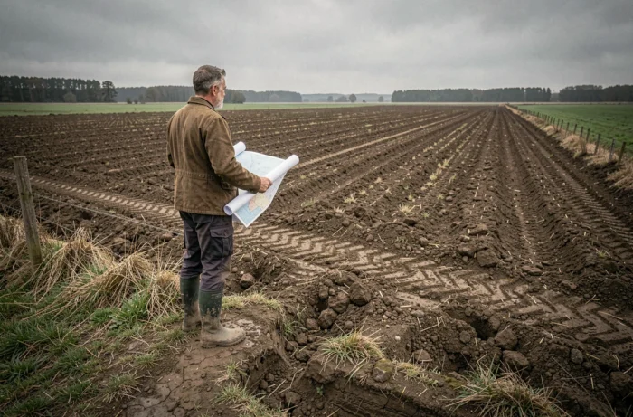Propriétaire agricole debout au bord d'un champ labouré tenant une carte cadastrale, évaluant un terrain avant d'obtenir un prêt pour son acquisition