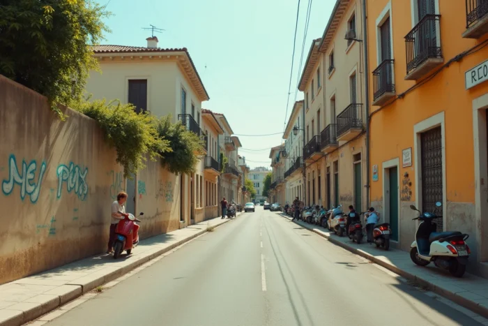 Rue d'un quartier populaire de Montpellier avec immeubles défraîchis et tags sur les murs