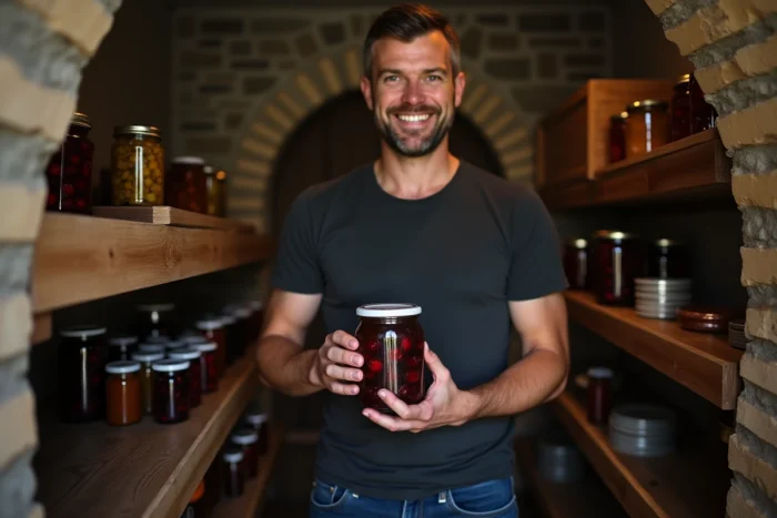 Homme rangeant des bocaux de fruits conservés à l'alcool à 90° dans un cellier en pierre