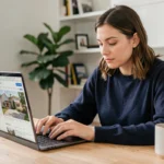 Femme consultant un plan de site immobilier sur un ordinateur portable dans un bureau à domicile moderne