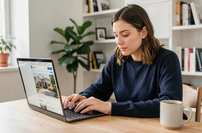 Femme consultant un plan de site immobilier sur un ordinateur portable dans un bureau à domicile moderne
