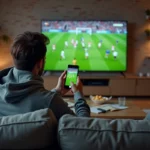 Homme regardant un match de rugby en direct sur son téléviseur via une application de streaming gratuite
