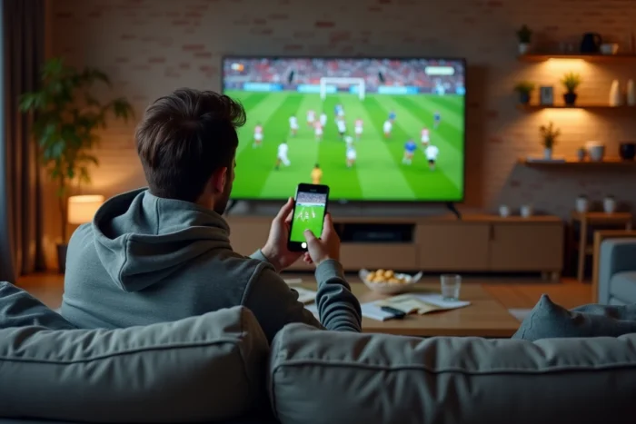 Homme regardant un match de rugby en direct sur son téléviseur via une application de streaming gratuite