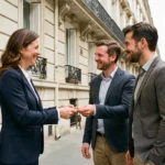 Agent immobilière remettant les clés d'un appartement haussmannien à un couple d'acheteurs à Paris