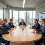 Réunion de direction d'une société d'économie mixte avec des élus et partenaires privés autour d'une table de conférence moderne