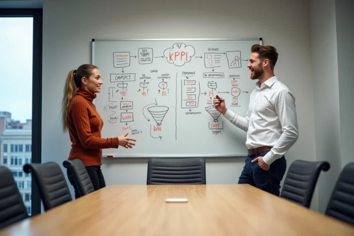 Deux professionnels du marketing discutent des KPI SEO devant un tableau blanc en salle de réunion
