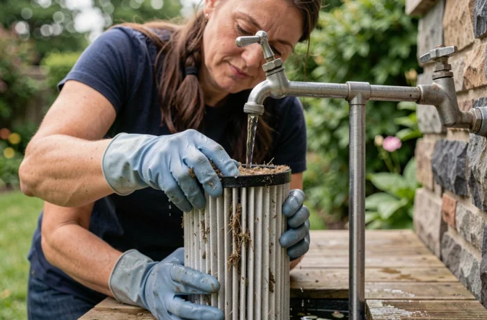 Femme rinçant le filtre cartouche d'un aspirateur Karcher WD4 sous un robinet de jardin pour un entretien efficace