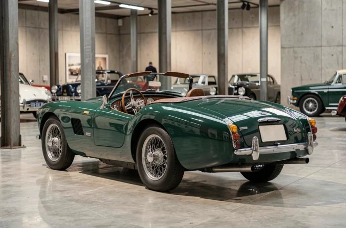 Roadster anglais classique vert British Racing Green exposé dans un musée automobile au sol en béton poli