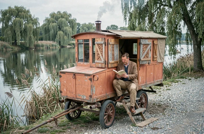 Roulotte de berger vintage aménagée au bord d'une rivière calme, hébergement authentique et insolite en pleine nature