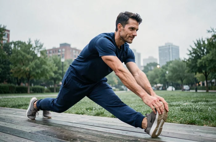 Homme faisant des étirements matinaux sur une terrasse en bois entourée de verdure urbaine, symbolisant une routine bien-être quotidienne conseillée par Pharmavia