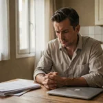 Homme salarié assis à une table avec des documents officiels lors d'une mise à pied conservatoire