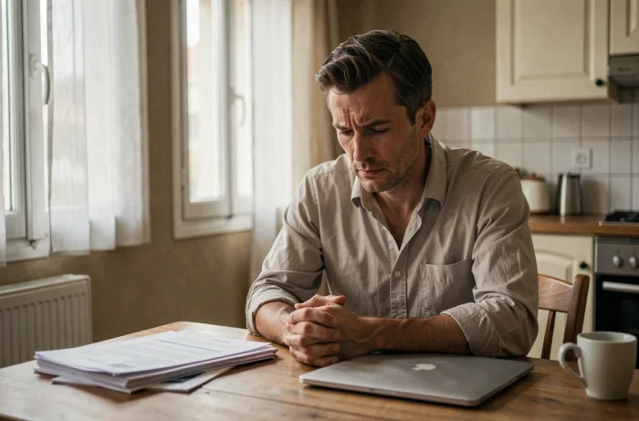 Homme salarié assis à une table avec des documents officiels lors d'une mise à pied conservatoire