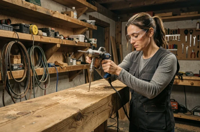 Femme appliquant un scellement chimique sur une poutre en bois dans un atelier artisanal avec un pistolet à résine