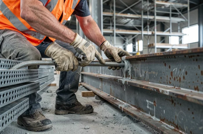 Ouvrier insérant un boulon dans de la résine de scellement chimique sur une poutre métallique dans un bâtiment industriel en rénovation