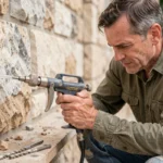 Artisan utilisant un pistolet de scellement chimique pour injecter de la résine dans un mur en pierre naturelle sur un chantier