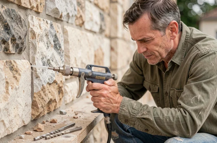 Artisan utilisant un pistolet de scellement chimique pour injecter de la résine dans un mur en pierre naturelle sur un chantier