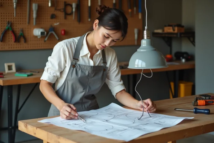 Femme consultant un schéma de câblage pour brancher un luminaire suspendu avec trois fils dans un atelier DIY