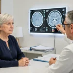 Femme senior consultant un neurologue pour interpréter une IRM cérébrale liée au score Fazekas