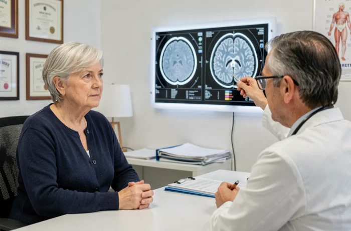 Femme senior consultant un neurologue pour interpréter une IRM cérébrale liée au score Fazekas