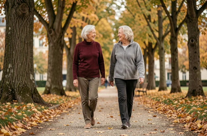 Deux femmes seniors se promenant dans un parc en automne, maintenant leur santé cognitive par l'activité physique