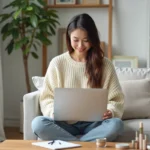 Jeune femme faisant du shopping beauté en ligne sur son ordinateur portable depuis son canapé avec des échantillons de cosmétiques posés sur la table