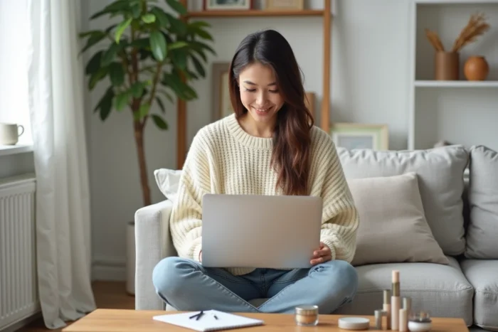 Jeune femme faisant du shopping beauté en ligne sur son ordinateur portable depuis son canapé avec des échantillons de cosmétiques posés sur la table