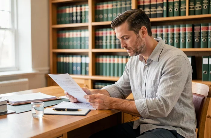 Homme lisant un contrat de vente immobilier chez un notaire en France