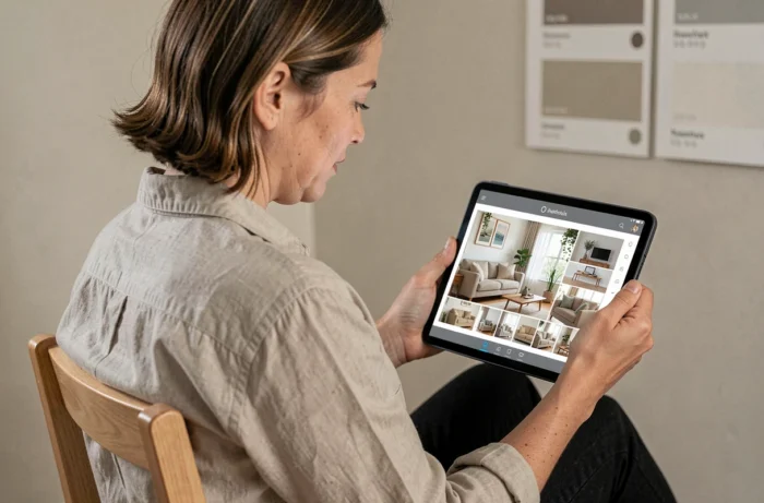 Femme utilisant une tablette avec une application d'intelligence artificielle pour simuler la décoration d'intérieur, écran affichant un rendu 3D de salon avec différentes options de meubles