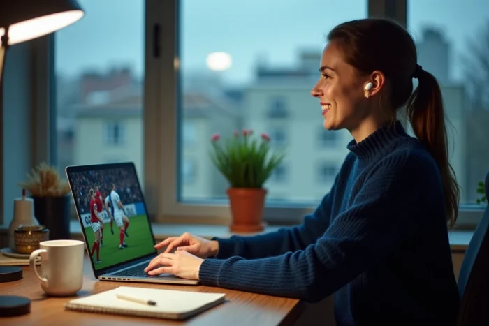 Femme suivant un match de rugby en streaming gratuit sur son ordinateur portable depuis son bureau à domicile