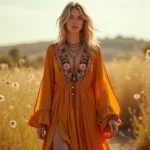 Femme en robe maxi bohème à broderies florales style hippie années 70 dans une prairie dorée