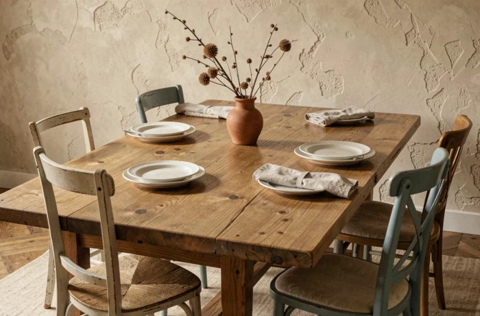 Table de salle à manger en bois brut non verni avec grain visible et nœuds naturels, entourée de chaises dépareillées, vaisselle céramique et vase en terre cuite