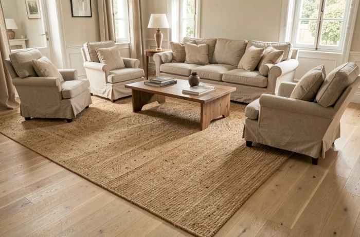 Grand tapis en fibres naturelles sisal ou jute délimitant l'espace salon, canapé et fauteuils posés dessus, parquet chêne clair visible autour, texture de tissage naturel en détail