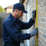 Technicien en climatisation mesurant un mur mitoyen avant installation d'un climatiseur