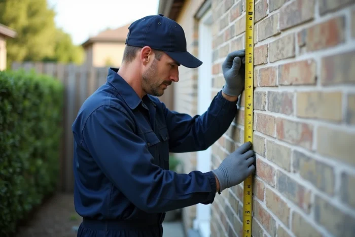 Technicien en climatisation mesurant un mur mitoyen avant installation d'un climatiseur