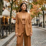 Femme élégante portant un blazer oversize camel et un pantalon large dans une rue pavée parisienne, style mode automne tendance