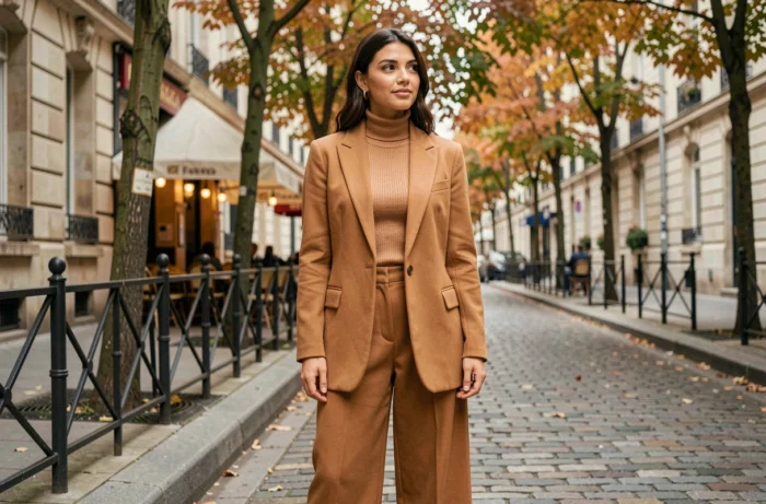 Femme élégante portant un blazer oversize camel et un pantalon large dans une rue pavée parisienne, style mode automne tendance