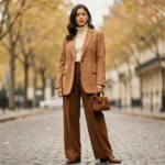 Femme élégante portant un blazer camel oversize et un pantalon large chocolat dans une rue pavée parisienne en automne, tendances mode saison