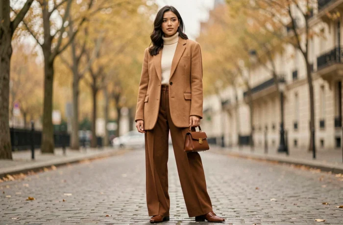 Femme élégante portant un blazer camel oversize et un pantalon large chocolat dans une rue pavée parisienne en automne, tendances mode saison
