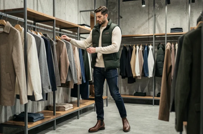 Homme tendance en gilet puffer vert et pull en maille crème dans un concept store moderne, mode masculine saison automne-hiver
