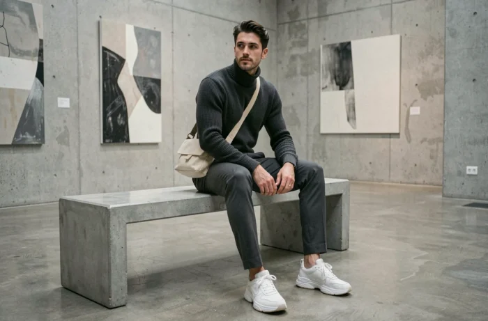 Homme en tenue monochrome charbon avec sneakers blanches assis dans une galerie d'art minimaliste moderne, mode masculine tendance