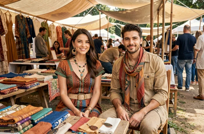 Deux amis stylés en tenues éclectiques et accessoires tendance dans un marché de créateurs en plein air, mode unique et artisanale