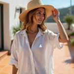Femme en chemise blanche en lin et chapeau de paille sur une terrasse méditerranéenne ensoleillée, exemple de tenue estivale protectrice et stylée