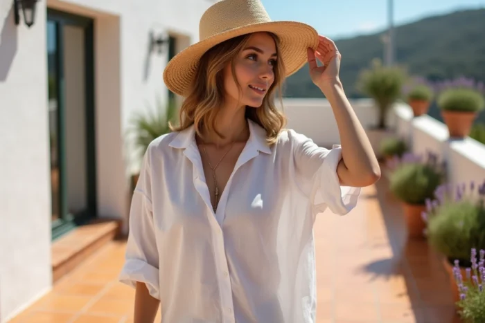 Femme en chemise blanche en lin et chapeau de paille sur une terrasse méditerranéenne ensoleillée, exemple de tenue estivale protectrice et stylée