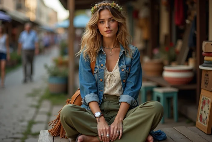 Femme en veste denim patchwork et pantalon patte d'éléphant style hippie 70s à un marché vintage